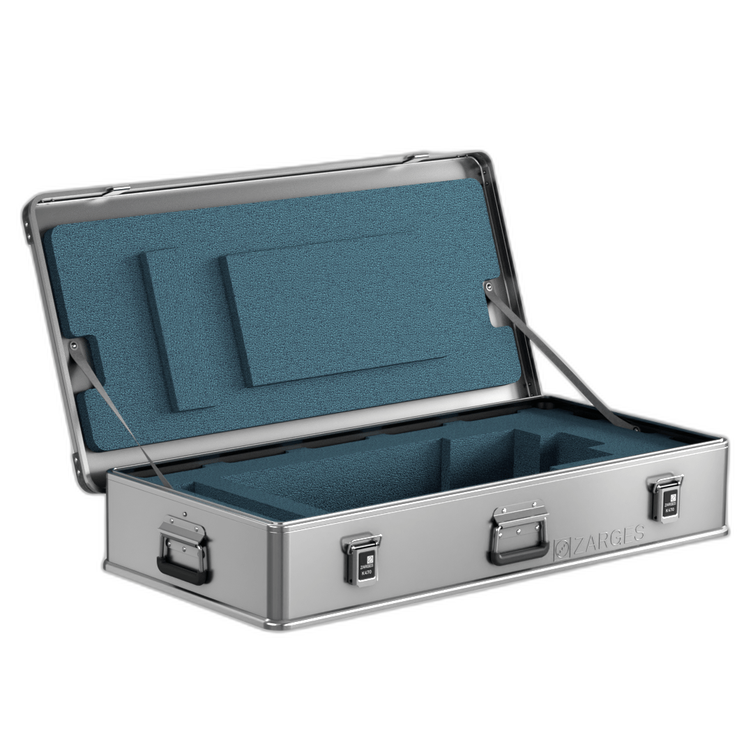 ZARGES Awake F-Series 1 Battery Case open, blue foam inserts cut for batteries in the lid and base