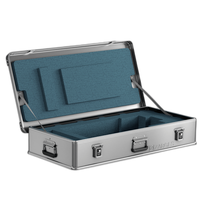 ZARGES Awake F-Series 1 Battery Case open, blue foam inserts cut for batteries in the lid and base
