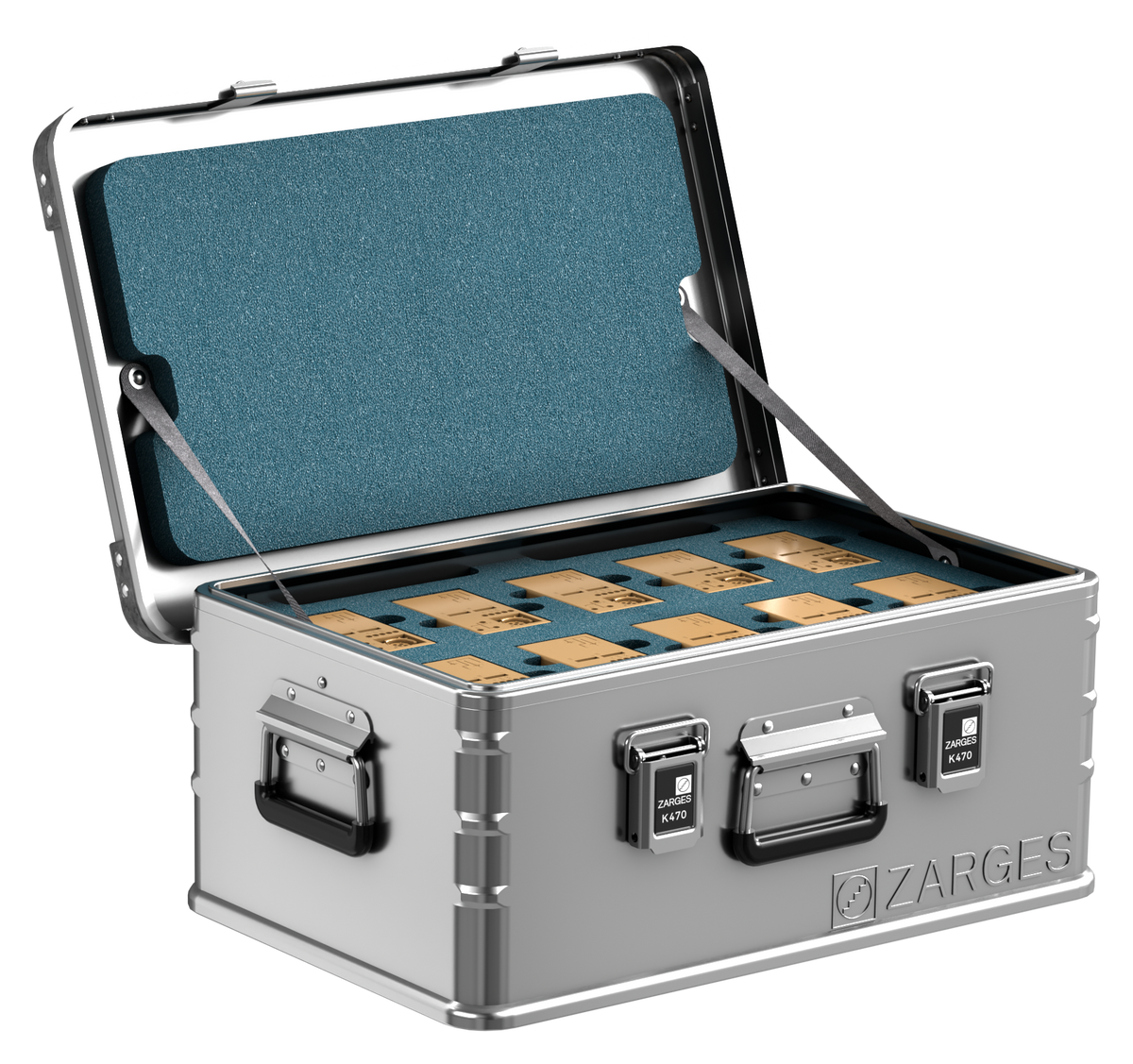 ZARGES Brentronics 2590-10 Battery Storage Case open, tan batteries seated in rows of teal foam