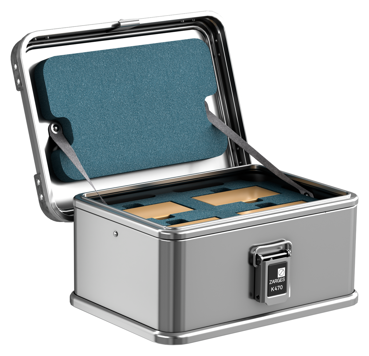 ZARGES Brentronics 2590-4 Battery Storage Case open with batteries seated in blue-green foam