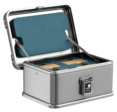ZARGES Brentronics 2590-4 Battery Storage Case open with batteries seated in blue-green foam
