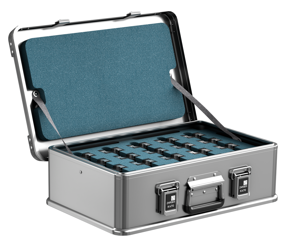 ZARGES Brentronics 70716-20 Battery Storage Case open, teal foam insert with rows of battery slots