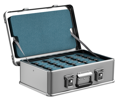 ZARGES Brentronics 70716-20 Battery Storage Case open, teal foam insert with rows of battery slots