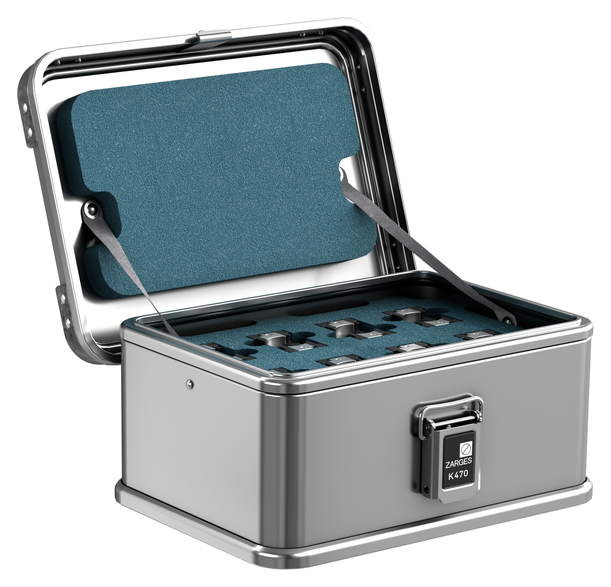 ZARGES Brentronics 70716-8 Battery Storage Case open, teal foam insert with battery cutouts