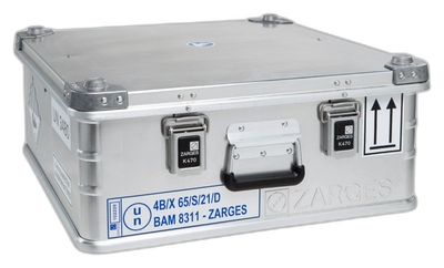 ZARGES C-Series Battery Case-40582, closed, front view with marking and this-way-up labels