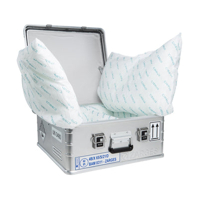 ZARGES C-Series Battery Case-40582 open with white padded liner cushions folded over the sides