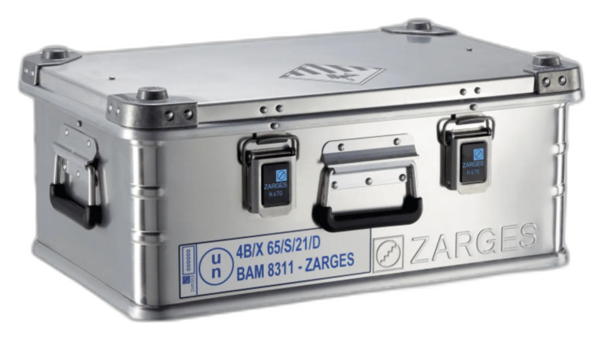 ZARGES C-Series Battery Case-40583, closed, front view with marking label and handles