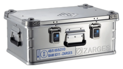 ZARGES C-Series Battery Case-40583, closed, front view with marking label and handles
