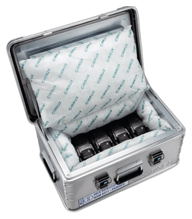 ZARGES C-Series Battery Case-40583 open with four batteries packed between padded pillows