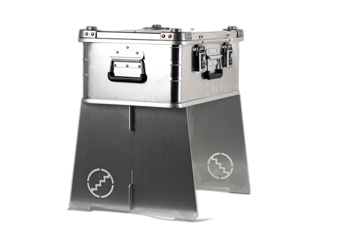 ZARGES Collapsible Case Stand assembled under a closed aluminum case