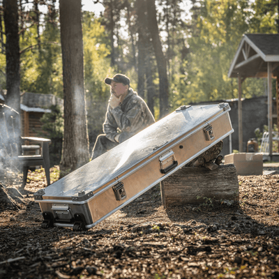 Man in camo sits at a smoky forest camp beside a ZARGES Double Long Rifle KOR Kit case propped on a log