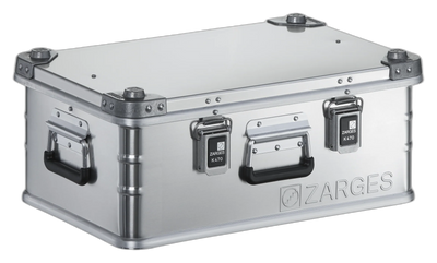 ZARGES F-Series Battery Case-6160568, closed, front three-quarter view with center handle and latches