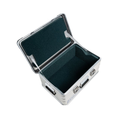ZARGES F-Series Battery Case-6160568 from above, lid open to the dark foam-lined interior