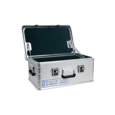 ZARGES F-Series Battery Case-6160568 with lid open, dark foam lining and front marking label