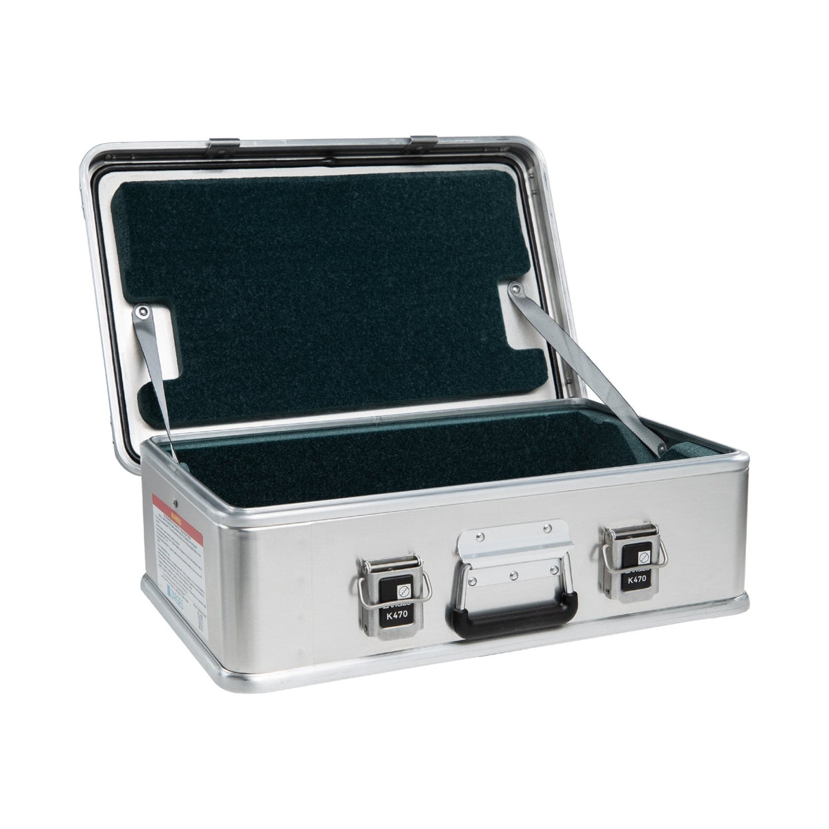 ZARGES F-Series Battery Case-6160810 with lid open, dark green lining in the lid and base