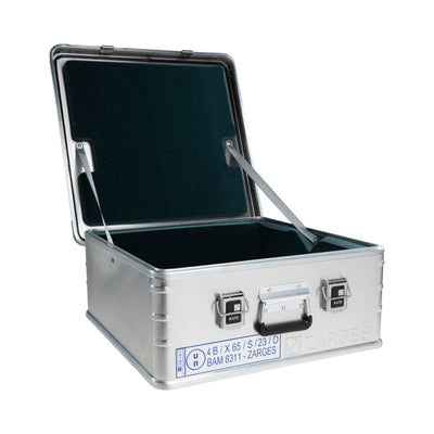 ZARGES F-Series Battery Case-6160849 open with dark-lined interior and lid stays