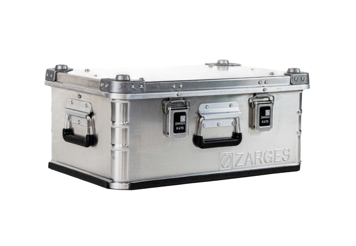 ZARGES Floor Guard fitted as a black edge strip around the base of a closed ZARGES aluminum case