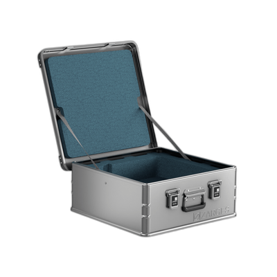 ZARGES GetFOIL F-Series 1 Battery Case open with blue-gray foam lining in the lid and base