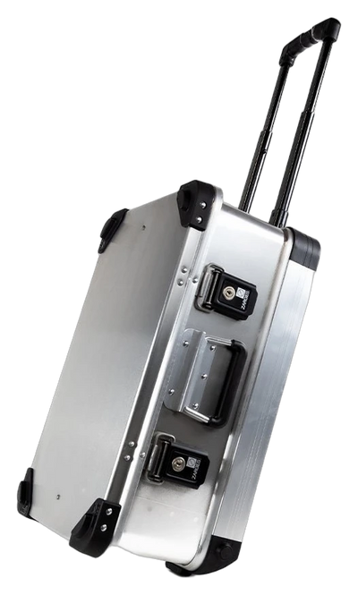 ZARGES K424 XC-41810 rolling case tilted on its wheels with the telescoping handle extended, front view of latches and side handle