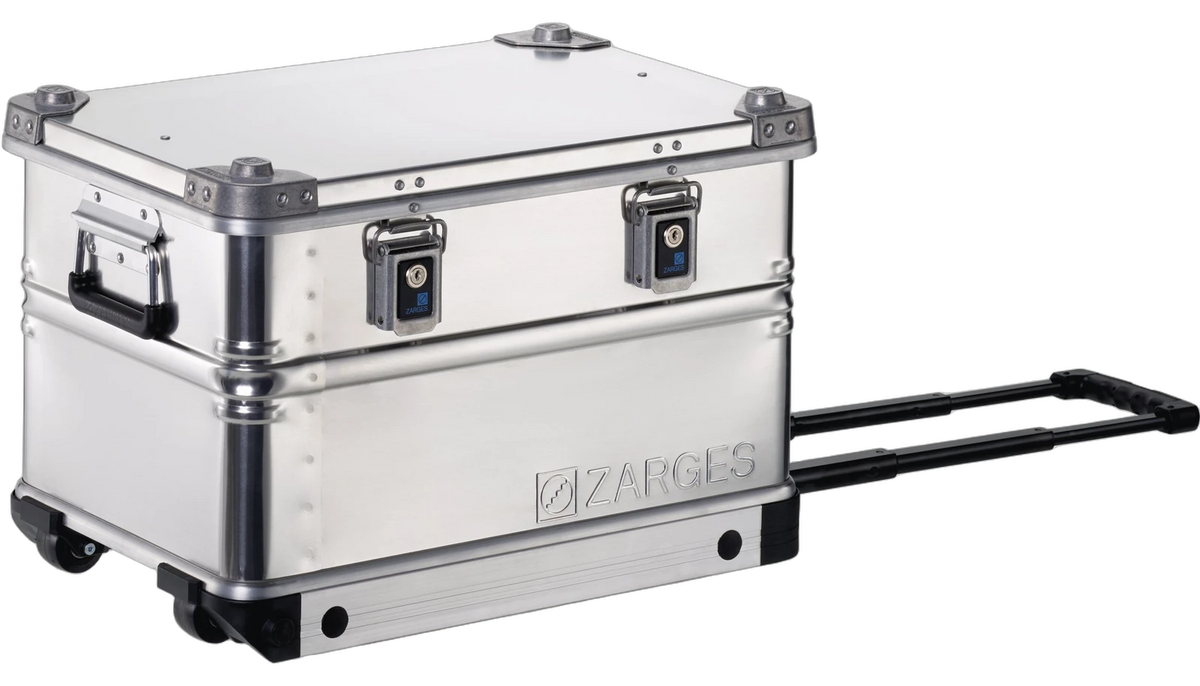 ZARGES K424 XC-41811 aluminum rolling case, closed, side view with the telescoping handle extended