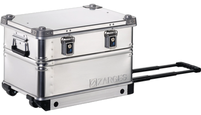 ZARGES K424 XC-41811 aluminum rolling case, closed, side view with the telescoping handle extended