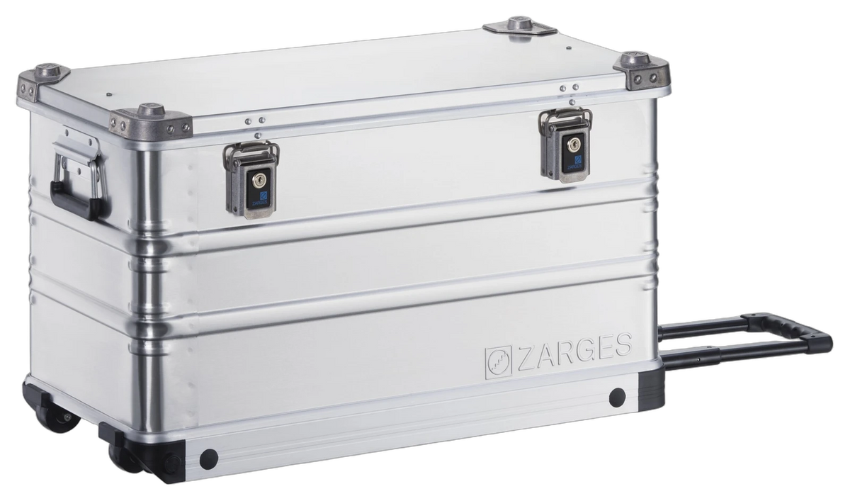 ZARGES K424 XC-41812 aluminum rolling case, closed, side view with the telescoping handle extended