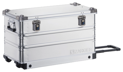 ZARGES K424 XC-41812 aluminum rolling case, closed, side view with the telescoping handle extended