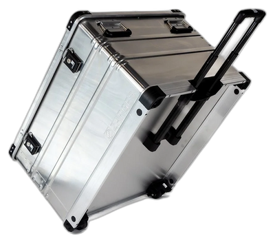 ZARGES K424 XC-41814 aluminum case tipped on its wheels with the telescoping handle extended