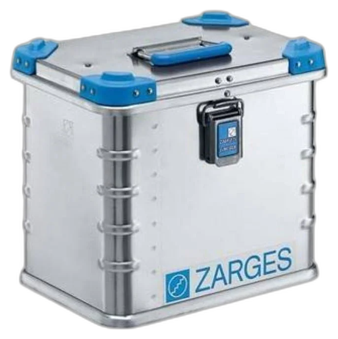 ZARGES K440-40700 aluminum case, closed, with blue corners, blue top handle and a single latch