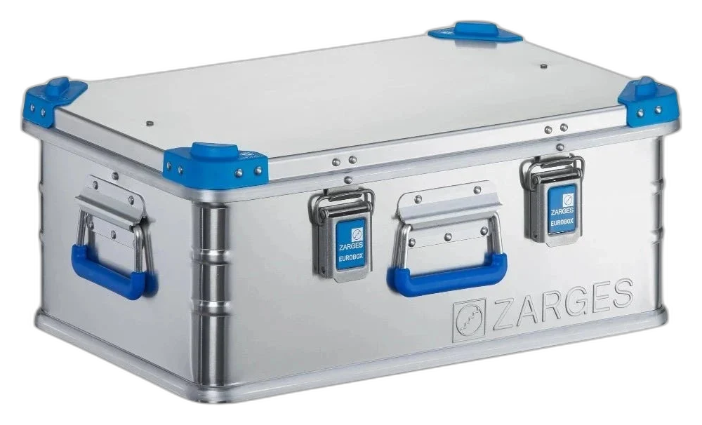 ZARGES K440-40701 aluminum case, closed, with blue corners, latches and handles