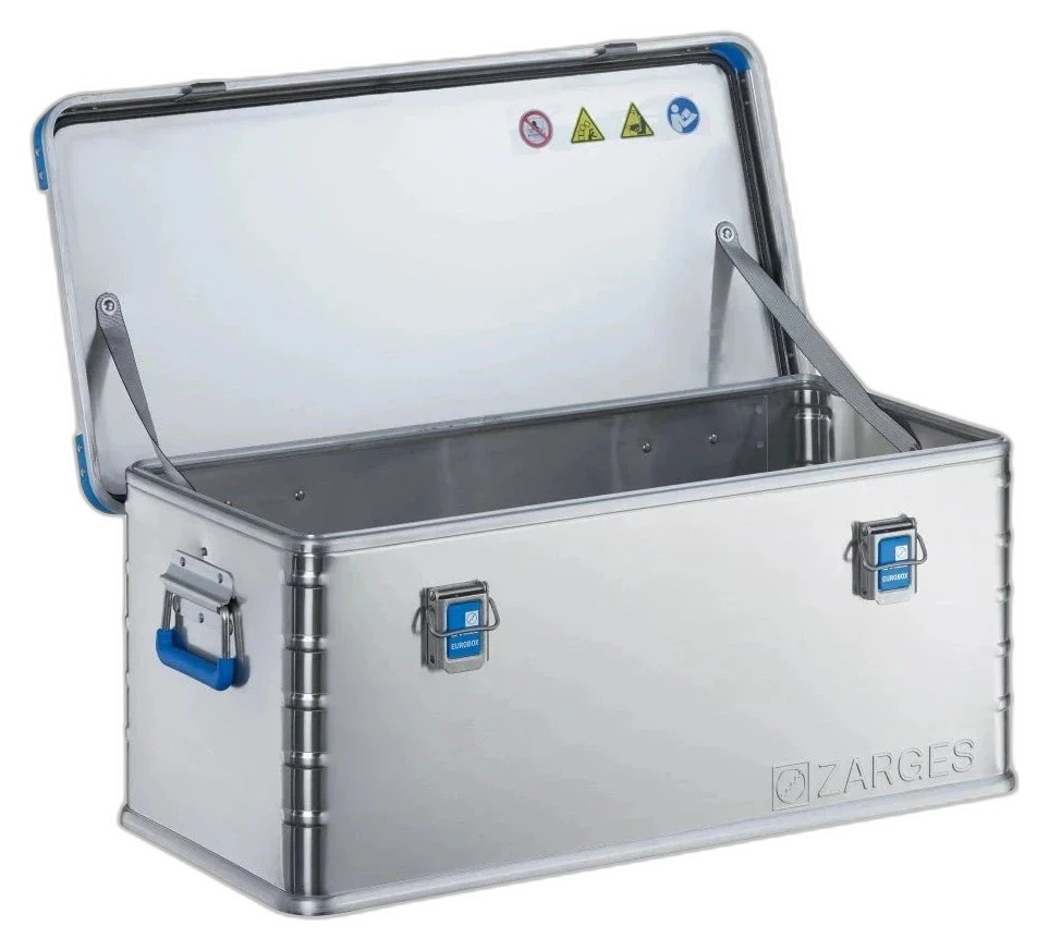 ZARGES K440-40704 aluminum case open and empty, lid held by stay straps