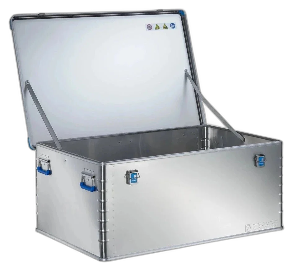 ZARGES K440-40709 aluminum case with lid open on hinge straps, empty interior