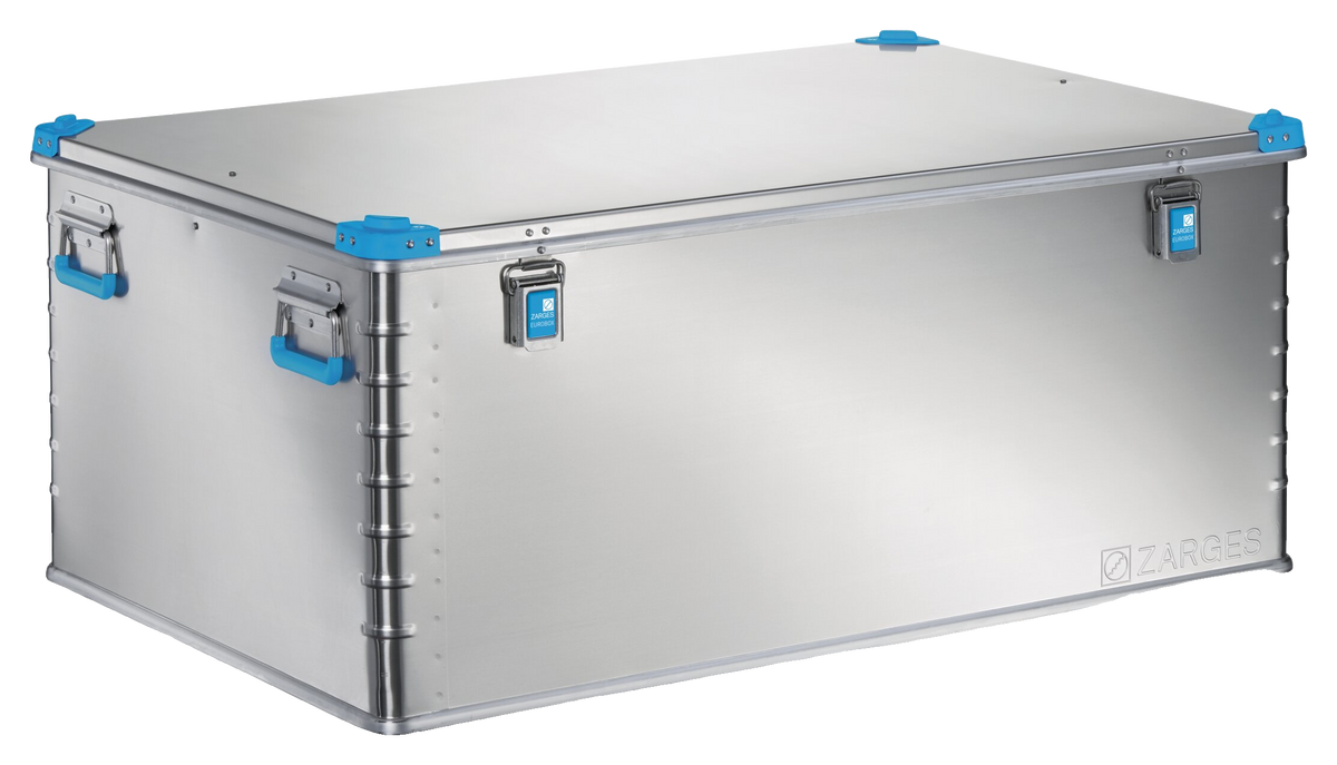 ZARGES K440-40709 large aluminum case, closed, with blue corners, handles and latches