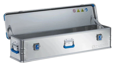 ZARGES K440-40710 aluminum case open and empty, blue-trimmed handles and latches on the front