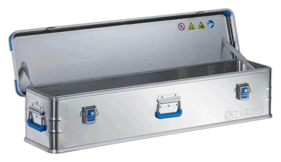 ZARGES K440-40710 aluminum case open and empty, blue-trimmed handles and latches on the front