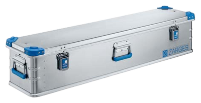 ZARGES K440-40710 long aluminum case, closed, with blue corners, handles and latches