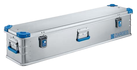 ZARGES K440-40710 long aluminum case, closed, with blue corners, handles and latches