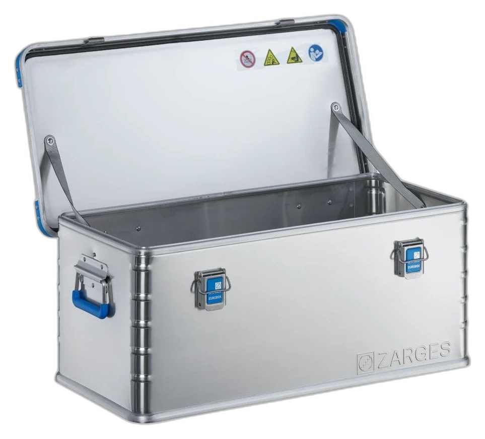 ZARGES K440-40711 aluminum case open and empty, blue-trimmed, lid held up by support stays
