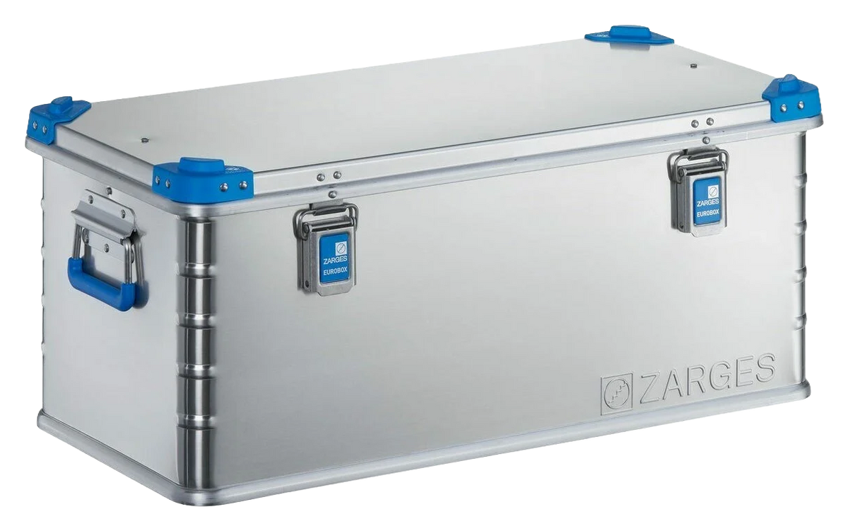 ZARGES K440-40704 aluminum case, closed, with blue corners, latches and handles