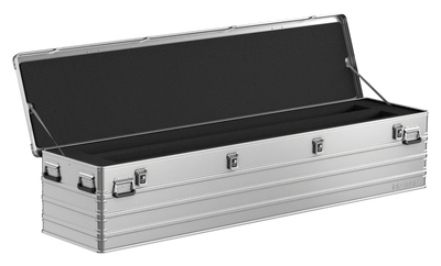ZARGES K470-31004150 long case open, foam-lined lid and a black foam insert with long channels