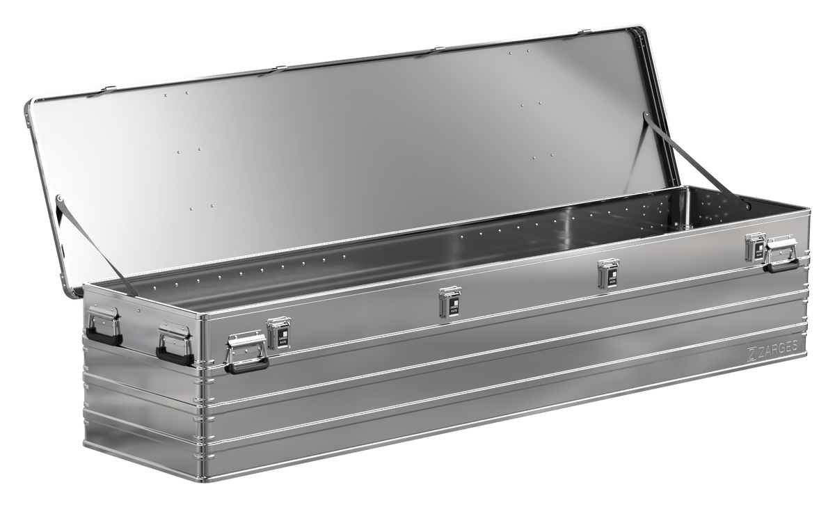 ZARGES K470-31004150 long aluminum case open and empty, bare interior, lid held by support stays
