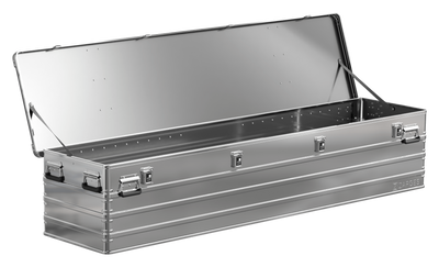 ZARGES K470-31004150 long aluminum case open and empty, bare interior, lid held by support stays