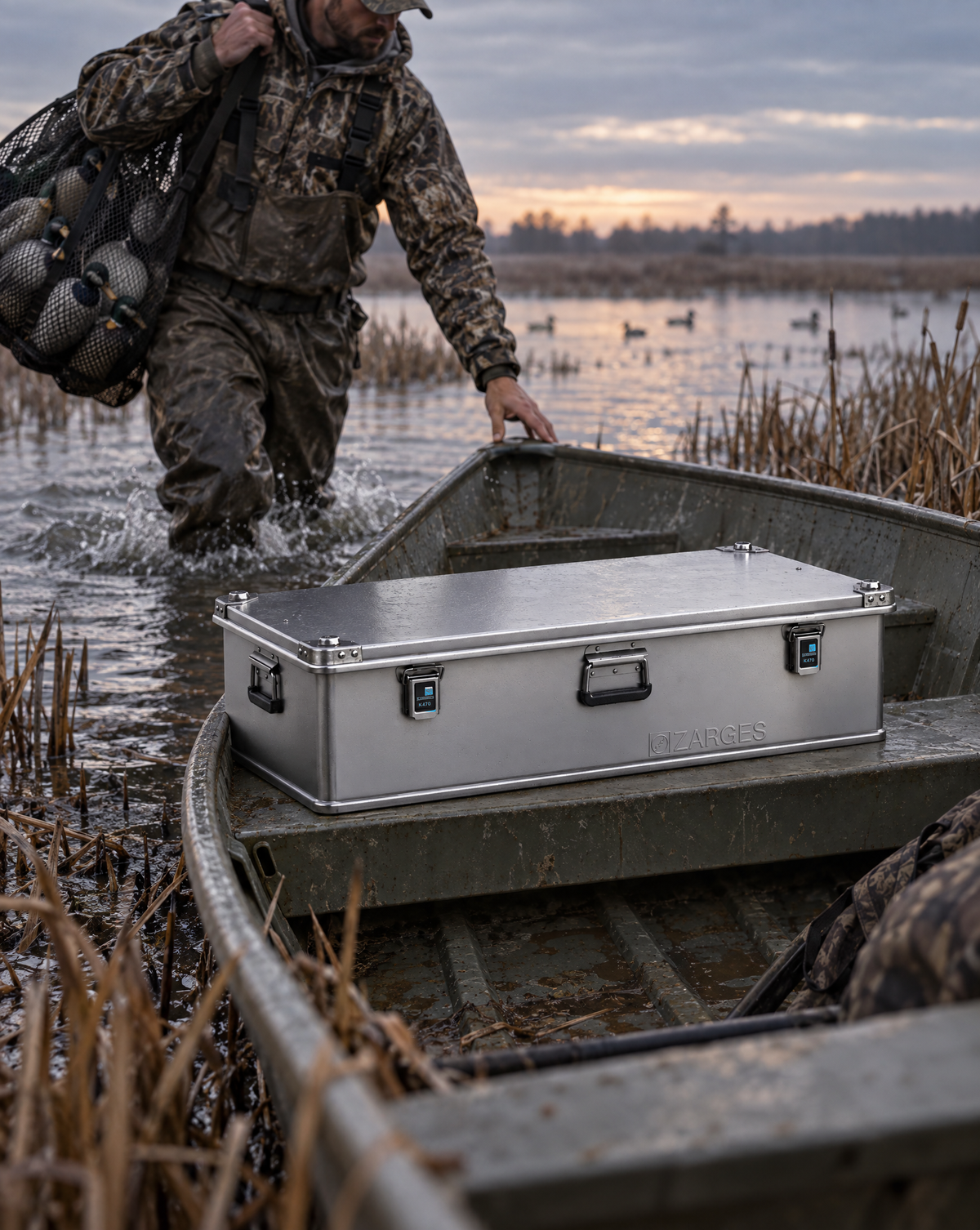ZARGES K470 31011136 case in a duck boat on the marsh