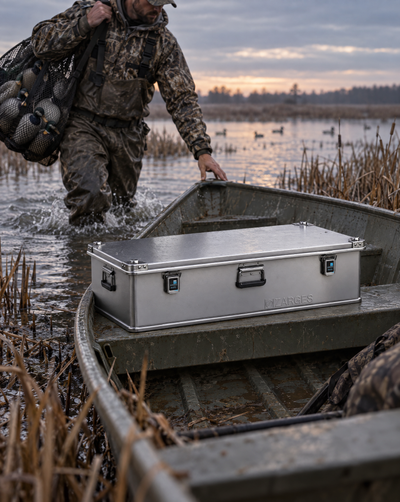 ZARGES K470 31011136 case in a duck boat on the marsh