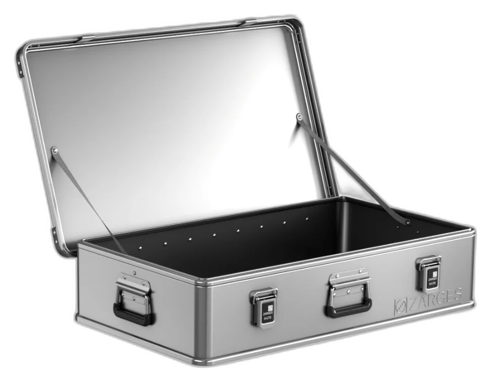 ZARGES K470-31015732 aluminum case open and empty, lid supported by two stays