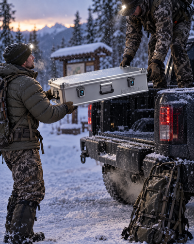 ZARGES K470 31015732 case loaded into a truck at a snowy trailhead