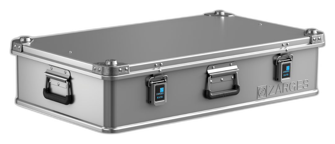 ZARGES K470-31015732 aluminum case, closed, three-quarter view of the long, low body