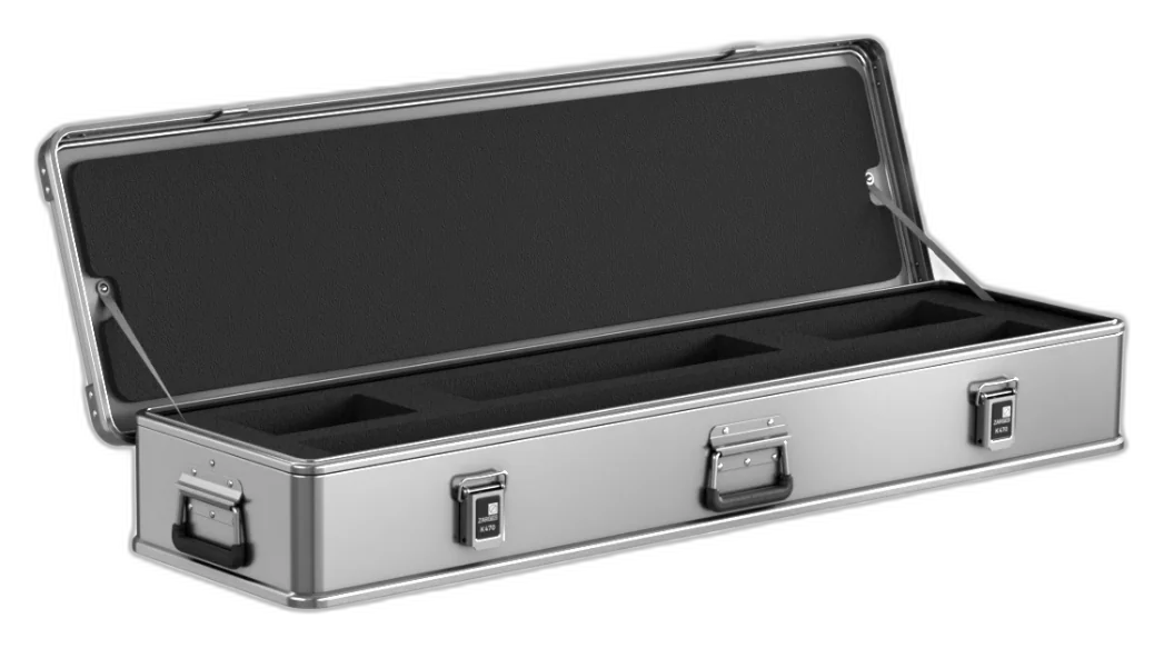 ZARGES K470-31016052 case open, black foam insert with long channels and foam-lined lid