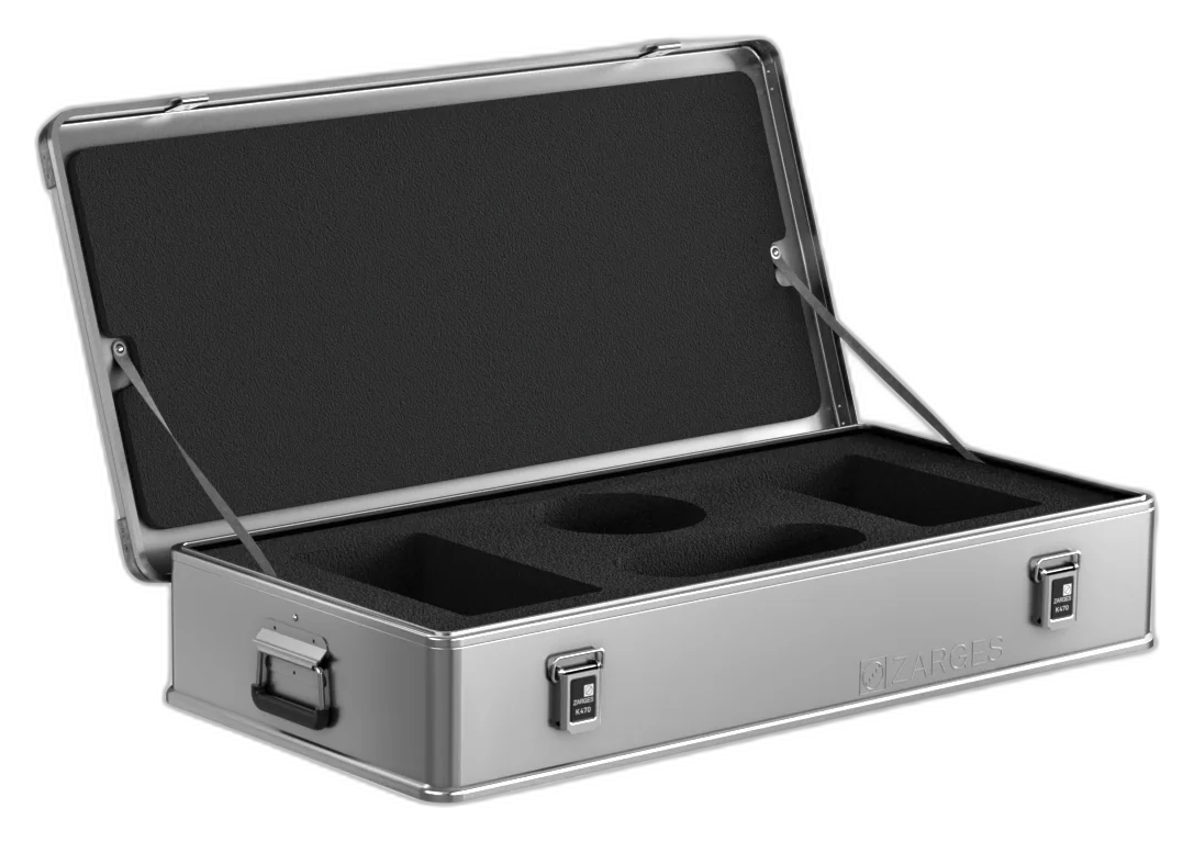 ZARGES K470-380031 case open, black foam insert with round and rectangular cutouts and foam-lined lid