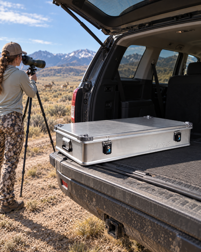 ZARGES K470 380031 case in the back of an SUV in the high desert